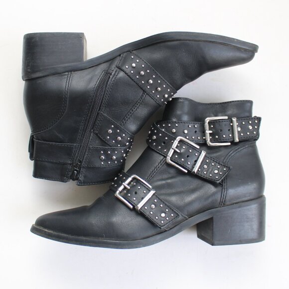 Steve Madden Women's Black Silver Studded Glori Motorcycle Leather Bootie Size 6 - Picture 4 of 7